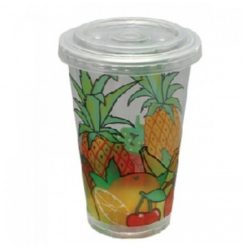 Printed Plastic Juice Cup Clear 12 ounce with Flat Clear Lid - 1000 pcs